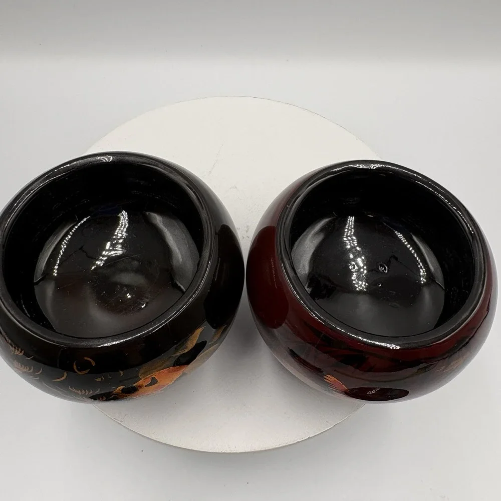 Vtg Asian lacquerware trinket boxes Set Of 2 hand-painted Red Black